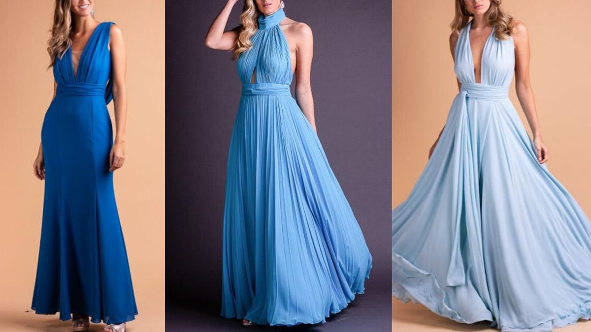 O azul clássico, do primeiro vestido, é a cor de 2020. Contudo, os outros tons de azul também estão entre as tendências para vestidos de madrinhas.