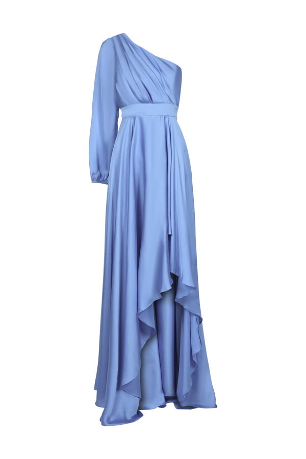 Vestido de festa longo na cor azul serenity modelo queen , perfeito para madrinha de casamento ou convidada