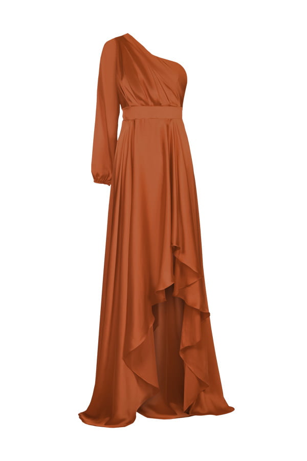 Vestido de festa com fenda longo cor laranja queen para madrinha de casamento ou convidada