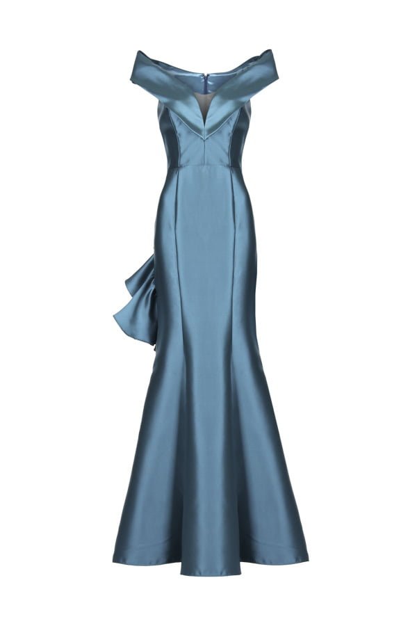Vestido de festa longo na cor azul em zibeline modelo karina Truss perfeito para baile de gala ou mãe dos noivos arrasarem nos casamentos