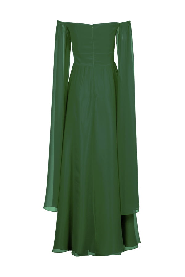 Vestido de festa longo na cor verde, modelo faraya. Perfeito para madrinhas de casamento e mães dos noivos.