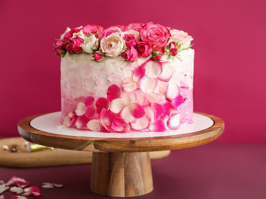 bolo redondo decorado com rosas no topo e pétalas 
